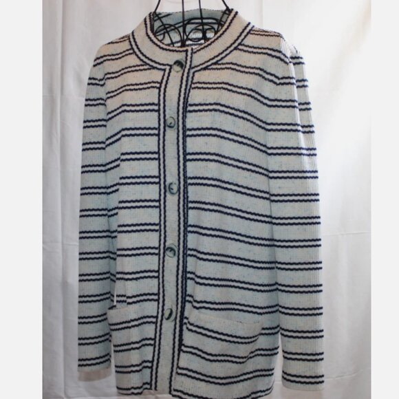 Vintage Blazer Ribbed Polyester Jacket Sz L White Blue Stripes Button Front - Picture 4 of 6